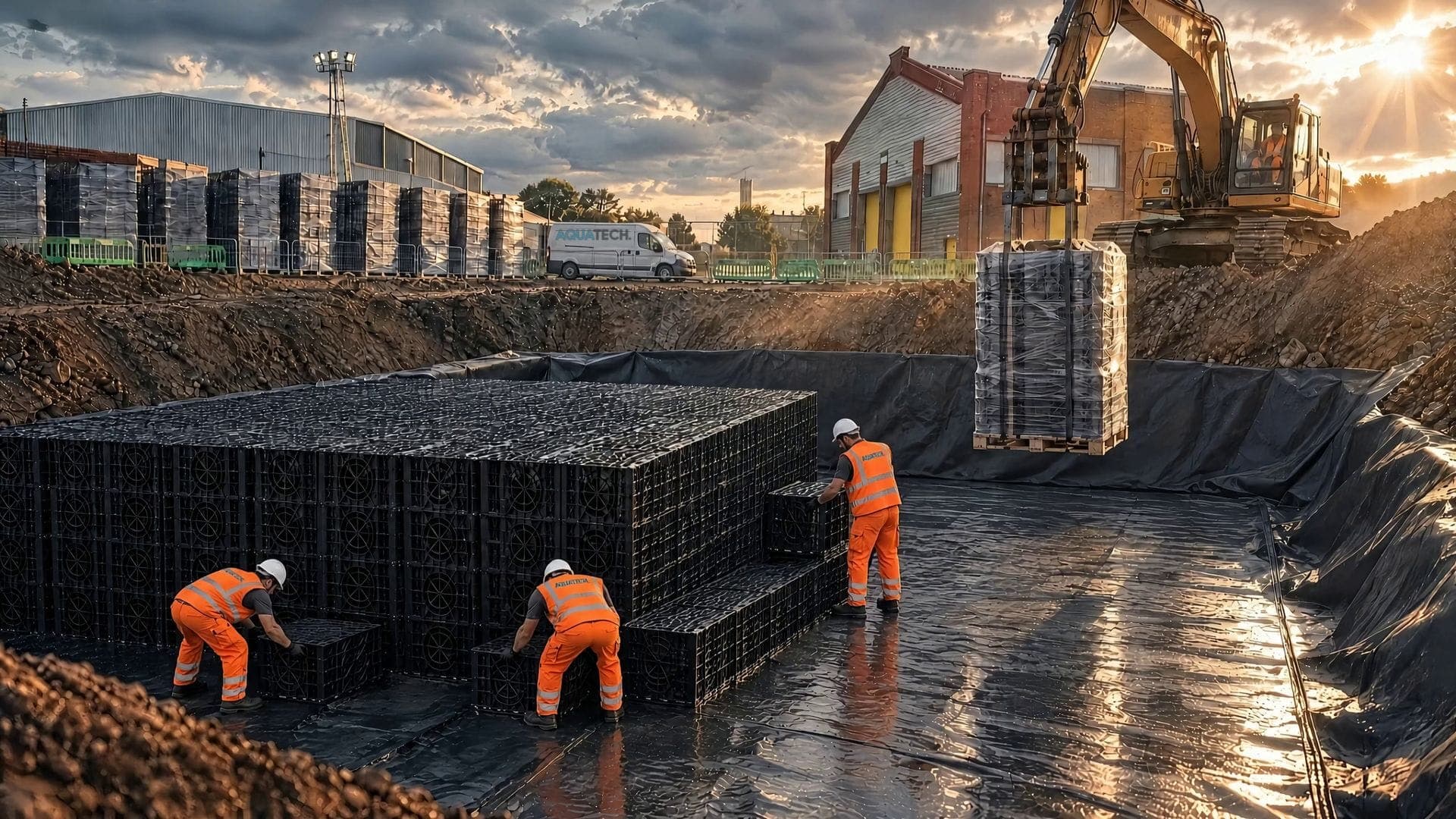 A geocellular attenuation tank half built inside a geomembrane-lined excavation on a UK industrial estate, as an excavator lowers a wrapped pallet of crates and operatives in white hard hats set crates down by hand on the liner, extending the block at floor level