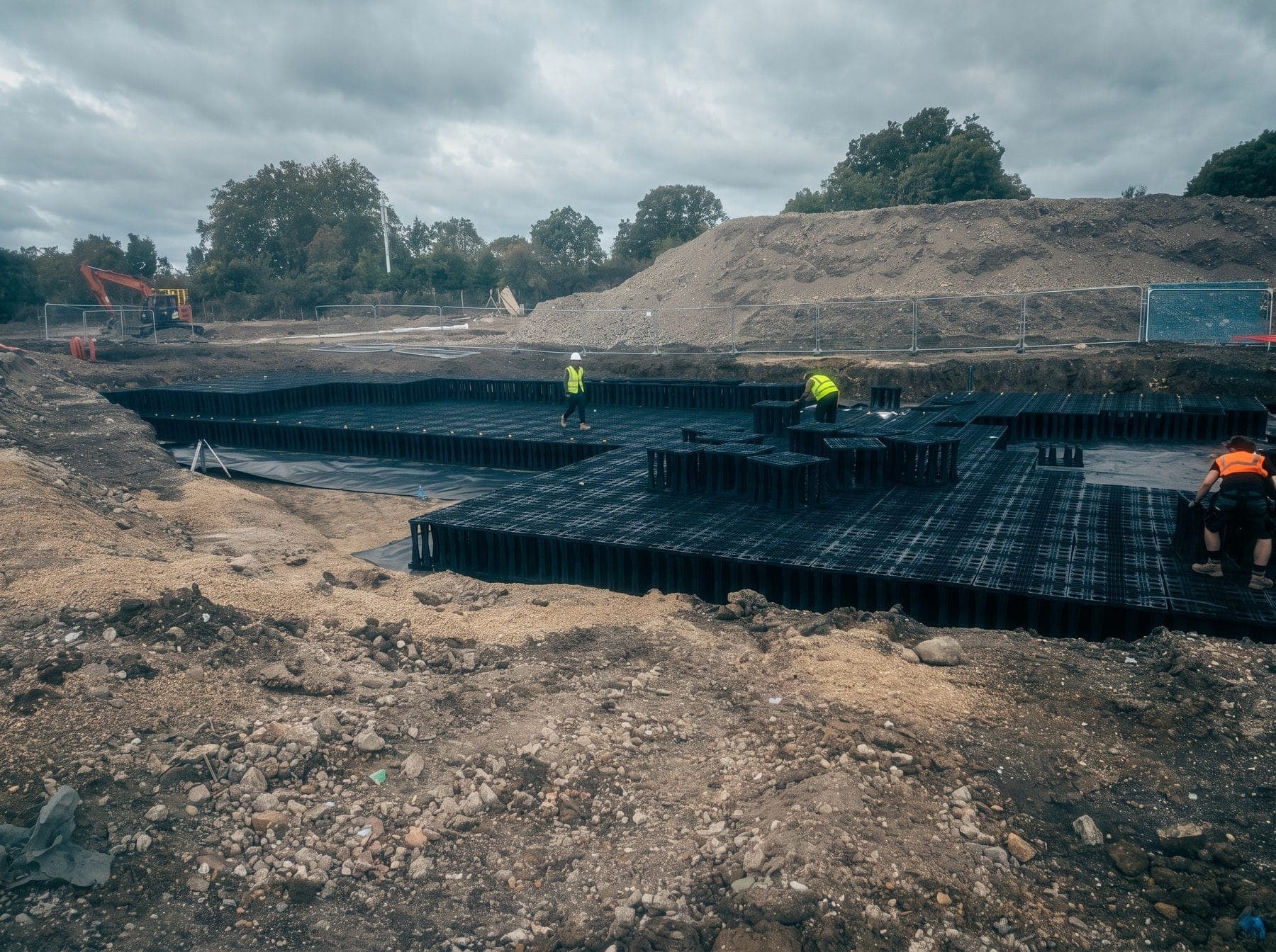 A geocellular attenuation crate raft built out across a lined excavation on a SuDS scheme