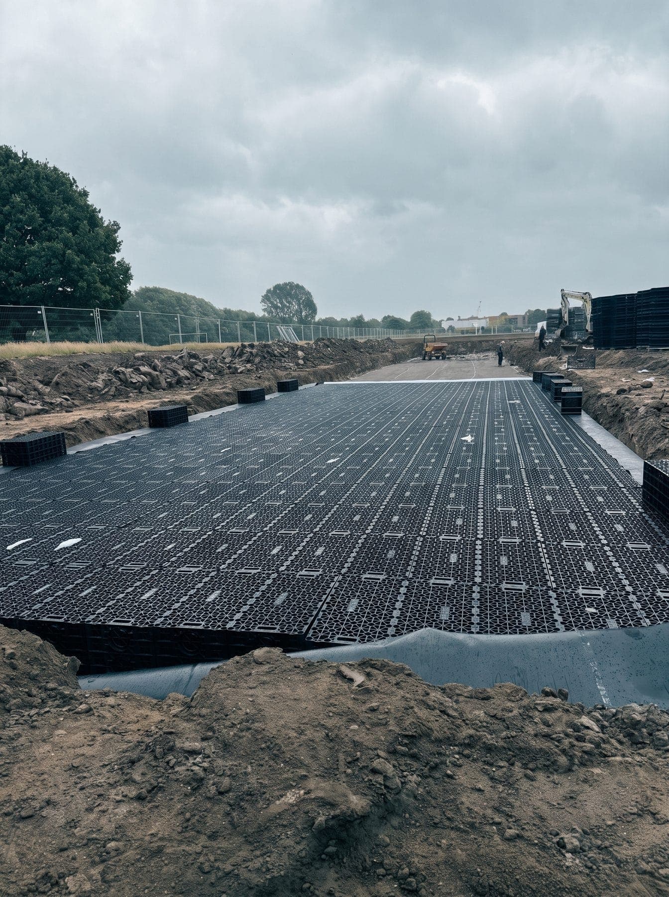 A long geocellular attenuation crate raft laid out across a lined excavation
