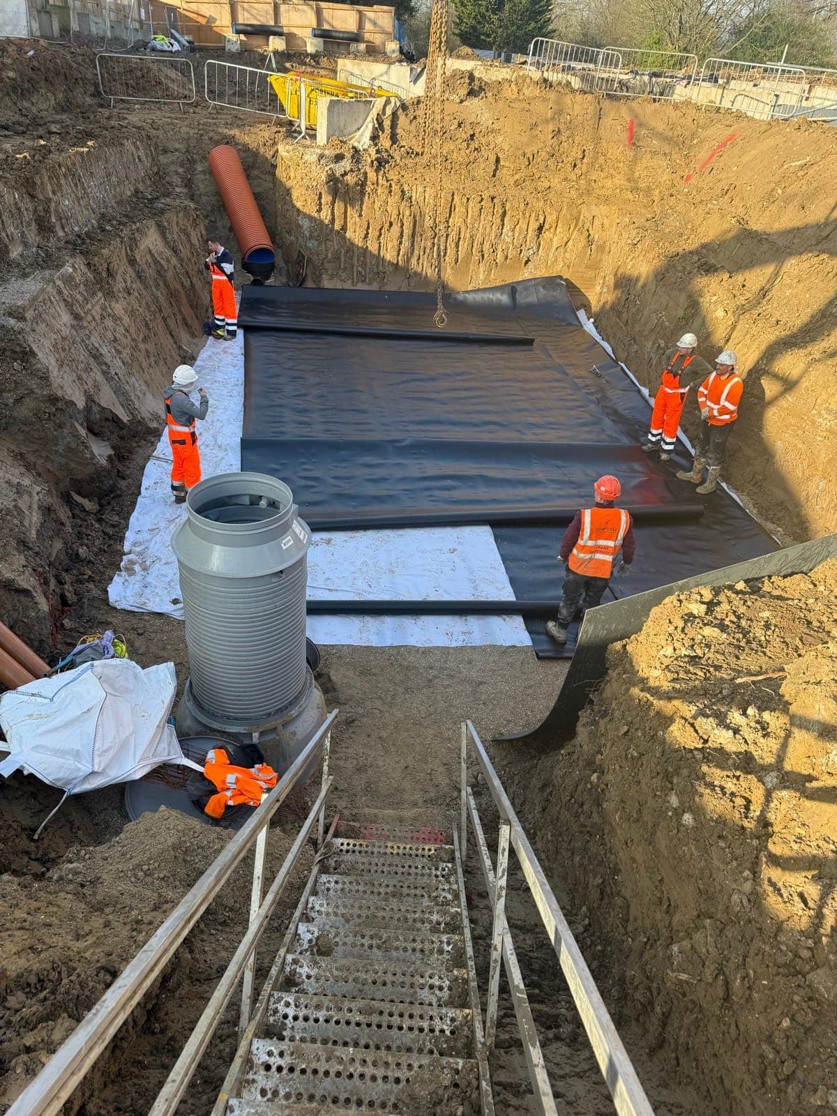A geocellular attenuation tank being installed on site