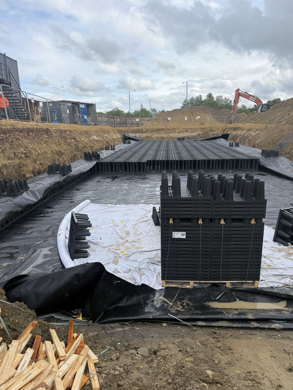 Rigofill SD crates being built up inside the lined excavation at Lidl Corby