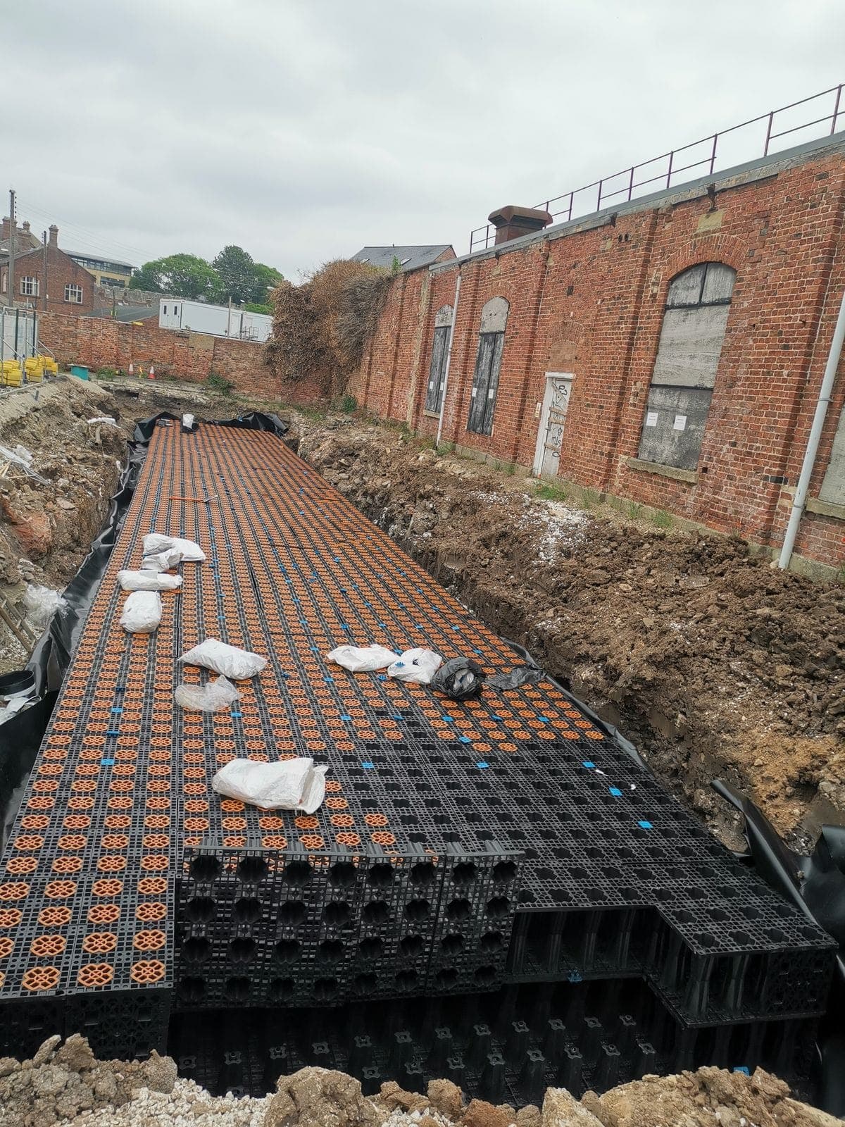 Crates built up inside the lined excavation at York station